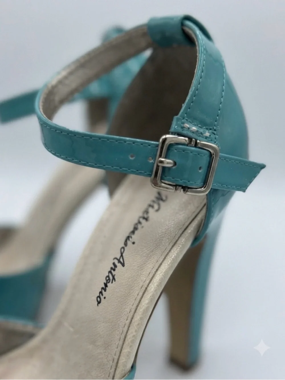 Anne Michelle Teal Patent Platform Peep-Toe Ankle Strap Heels